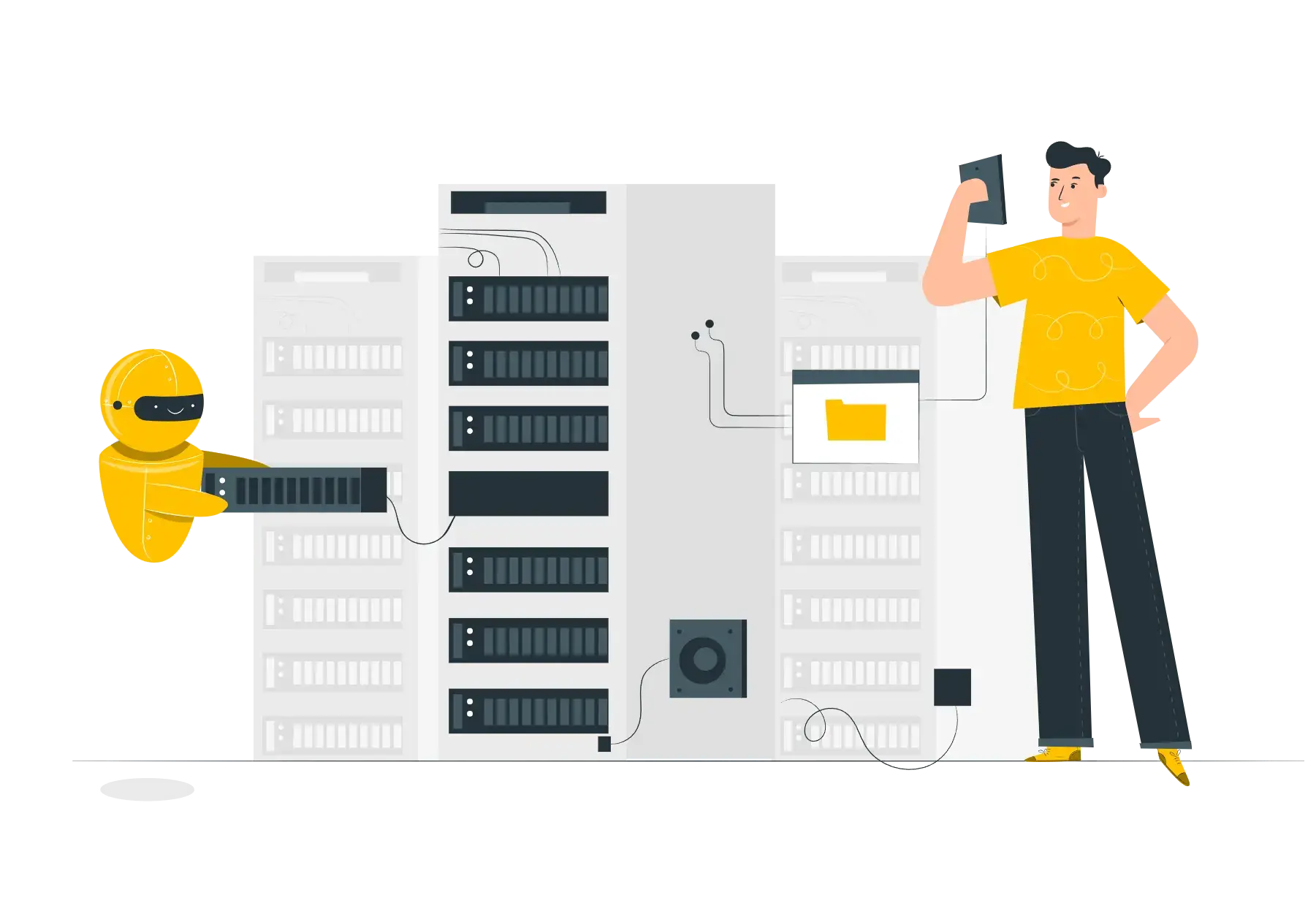 Illustration of robot and human maintaining servers