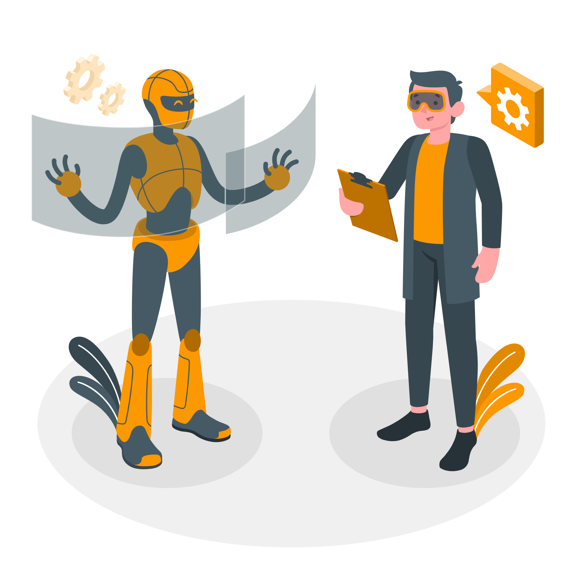 Illustration of human and robot working together to create something on a screen